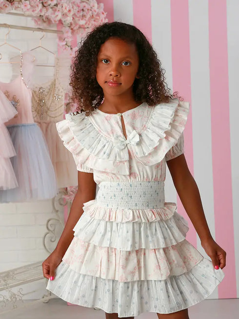 Toile Quinn Girls Ruffle Dress – Vintage Floral Tiered Dress with Smocked Waist 12M-14