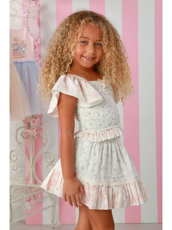 Girls Greer Girls Floral Smocked Skirt Set – Ruffle Sleeve Top & Tiered Skirt in Soft Pastels, Sizes 12M-14