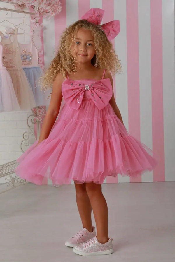 Girls Candy Pink Crystal Bow Tiered Babydoll Birthday Dress 12M-14