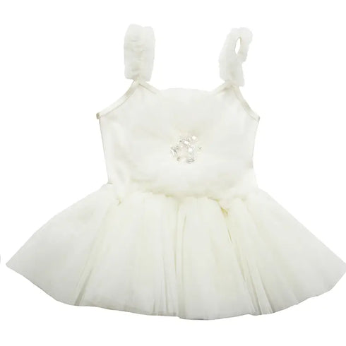 Amelie Baby Girl White Tulle Onesie – Elegant Special Occasion Romper with Floral Detail 0-24M