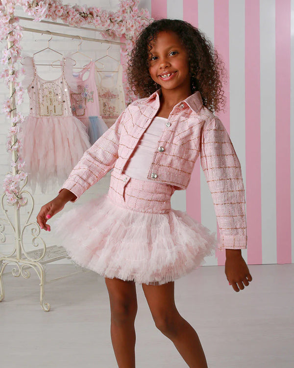 Girls Pink Tweed Coco Skirt 3 Piece Set – Luxe Girls Outfit with Jacket, Top & Tutu Skirt 12M-14