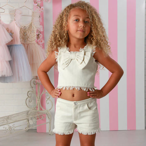 Girls White Denim Fringe Elle Short Set with Bow – 2-Piece Summer Outfit 12M-14