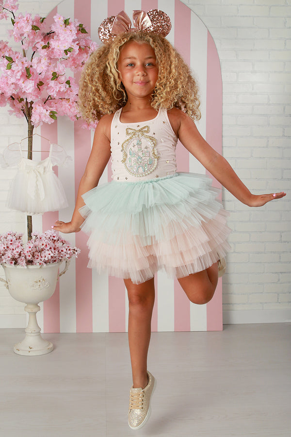 Girls Blush & Aqua Castle Dress – Designer Girls Pastel Tulle Party Dress 12M-14