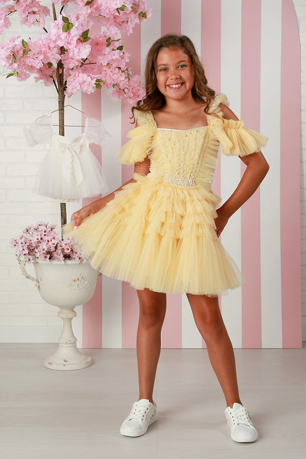Girls Zoe Dress – Sunshine Yellow Designer Girls Party Dress 12M-14