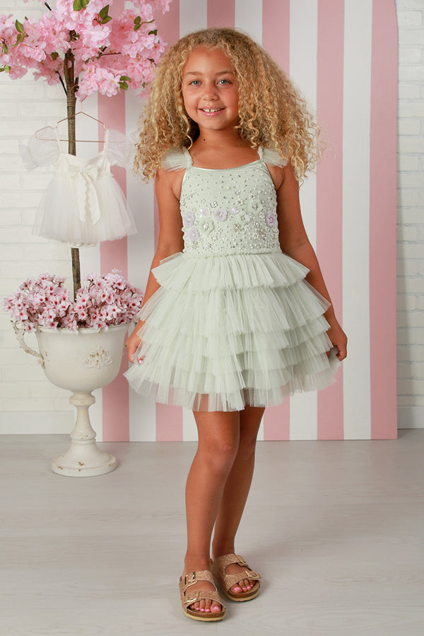 Girls Cherie Dress – Green Tea | Elegant Girls Tulle Party Dress 12M-14