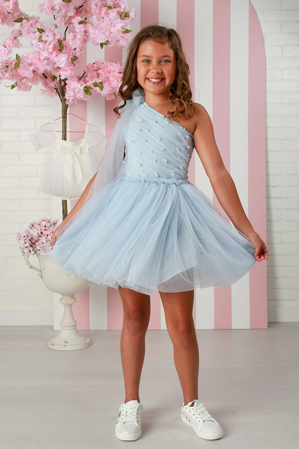 Girls Cecile Dress – Light Blue | One-Shoulder Girls Tulle Party Dress 12M-14