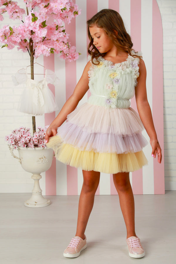 Girls Garden Whimsy Dress – Pastel Rainbow Tiered Tulle Girls Party Dress 12M-14