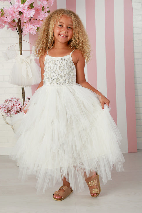 Girls Elyna White Tulle Dress – Elegant Girls Special Occasion & Flower Girl Dress 12M-14