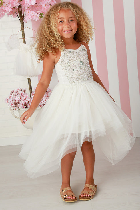 Girls Kylee White Beaded High-Low Tulle Dress – Girls Luxury Flower Girl & Special Occasion Dress 12M-14