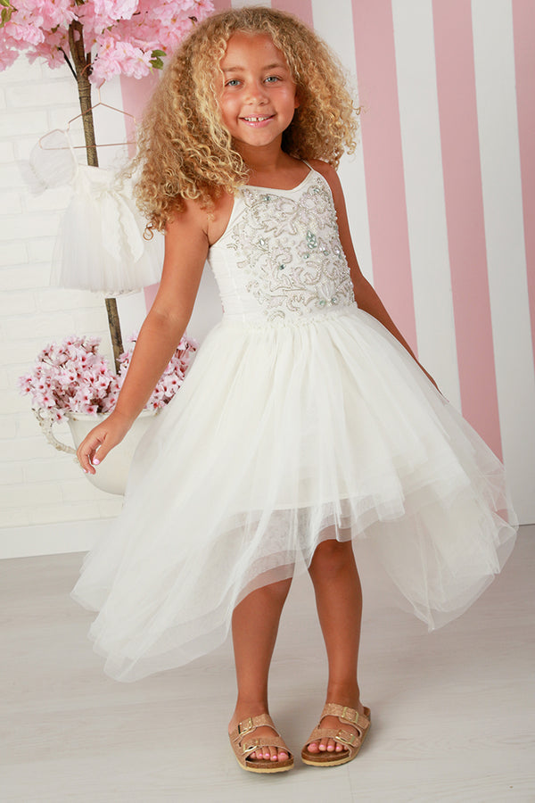 Girls Kylee White Beaded High-Low Tulle Dress – Girls Luxury Flower Girl & Special Occasion Dress 12M-14