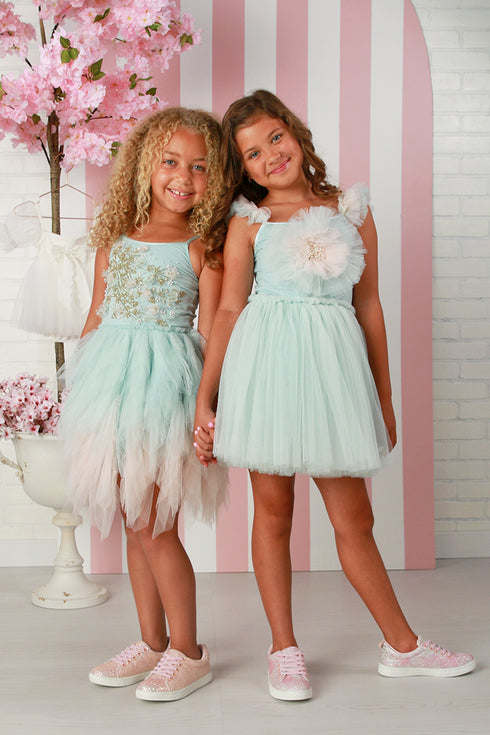 Girls Amelie Aqua Tulle Dress – Elegant Girls Special Occasion Party Dress 12M-14