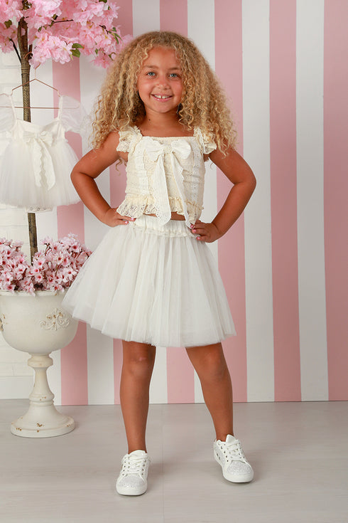 Girls Lace Elise Skirt Set – Girls Ivory Lace Top & Tulle Skirt Outfit for Special Occasions 12M-14