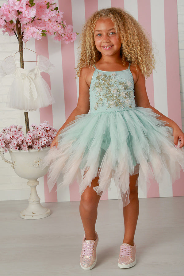 Girls Fleur Emma Aqua Multi Dress – Girls Beaded Tulle Party & Special Occasion Dress 12M-14