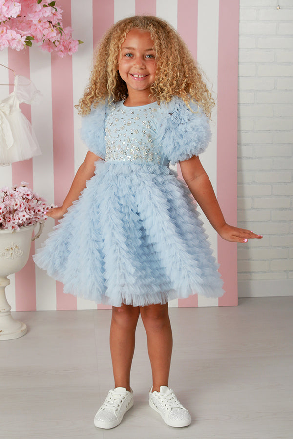 Girls Lilou Sky Blue Dress – Girls Beaded Tulle Party & Special Occasion Dress 12M-14