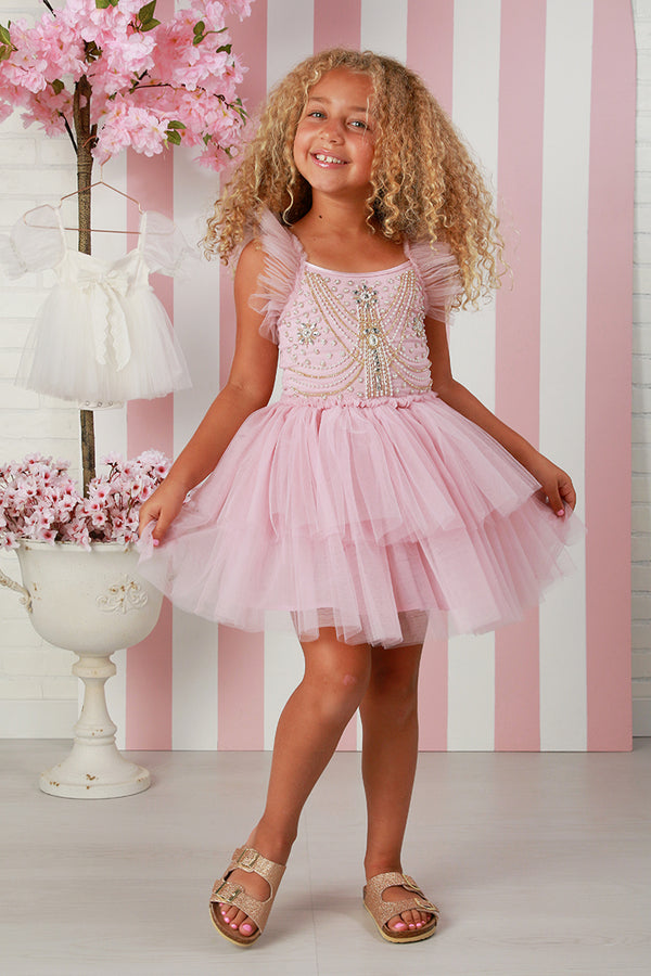 Girls Pink Aurelie Dress for Girls – Embellished Tulle Party Dress with Pearl & Crystal Detail Dress 12M-14