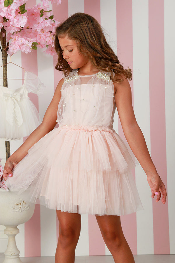 Girls Blush Aimee Dress for Girls – Pearl Embellished Tulle Party Dress 12M-14