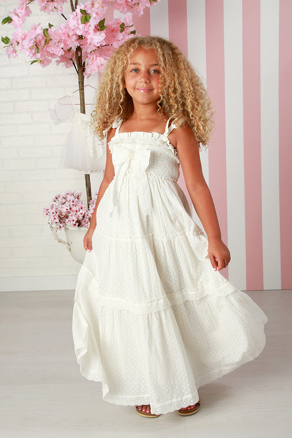 Girls Lune Maxi White Dress for Girls – Elegant Tiered Lace Trim Maxi Dress 12M-14