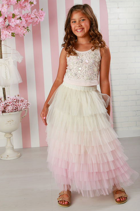 Girls Gigi Garden Blossom Skirt Set for Girls – Blush Pink Multi-Color Embellished Top & Tiered Tulle Skirt Set 12M-14