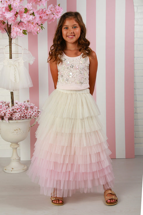 Girls Gigi Garden Blossom Skirt Set for Girls – Blush Pink Multi-Color Embellished Top & Tiered Tulle Skirt Set 12M-14