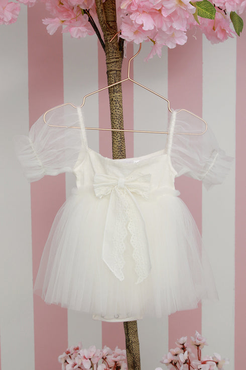 White Mirabelle Baby Onesie – Lace Bow Tulle Dress Romper for Baby Girls 0-24Months