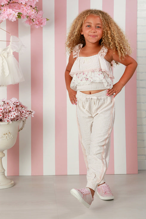 Girls Marlee Pant Set for Girls – Floral & Sand Stripe Two-Piece Outfit 12M-14