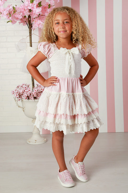 Girls Gabrielle Dress for Girls – Sand Stripe & Pink Lace Tiered Dress 12M-14