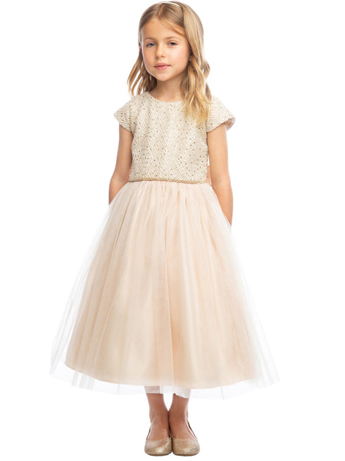 Sweet Kids Big Girls Champagne Jeweled Top Tulle Skirt Christmas Dress 7-16 - SophiasStyle.com