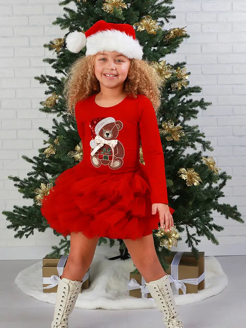 Girls Ruby Red Santa Teddy Tutu Christmas Dress 12M-14