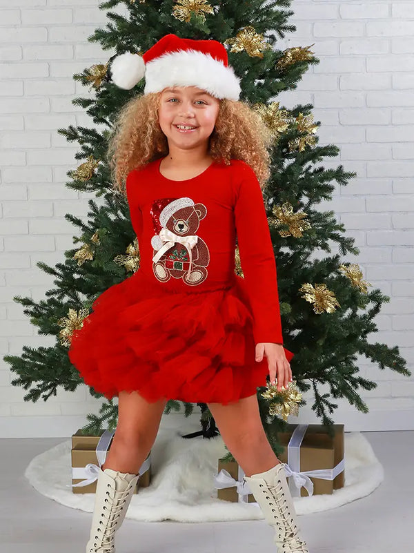 Girls Ruby Red Santa Teddy Tutu Christmas Dress 12M-14