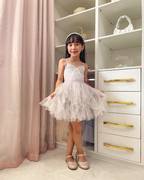 Girls Silver Ruffle Layered Tulle Lya Disco Ball Dress, Sizes 12M-14