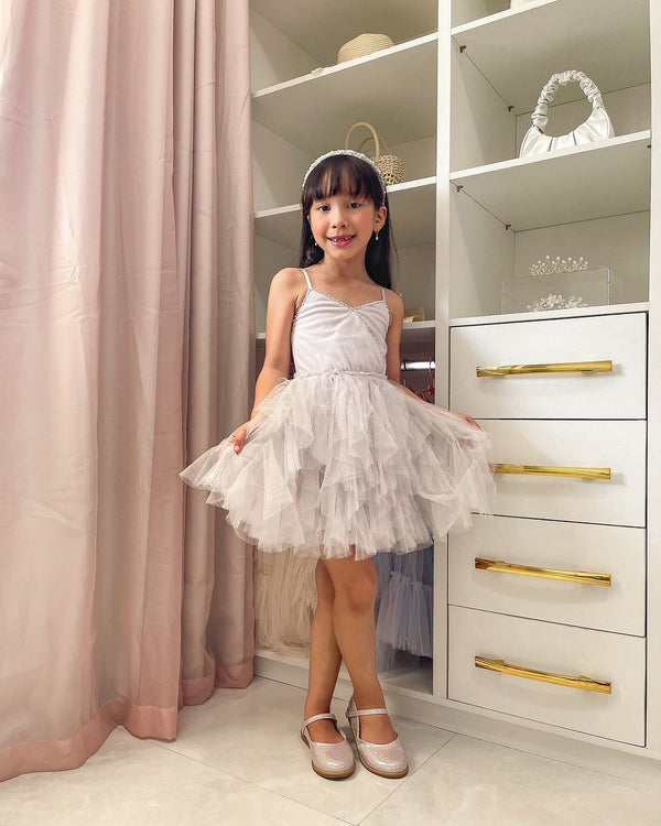 Girls Silver Ruffle Layered Tulle Lya Disco Ball Dress, Sizes 12M-14