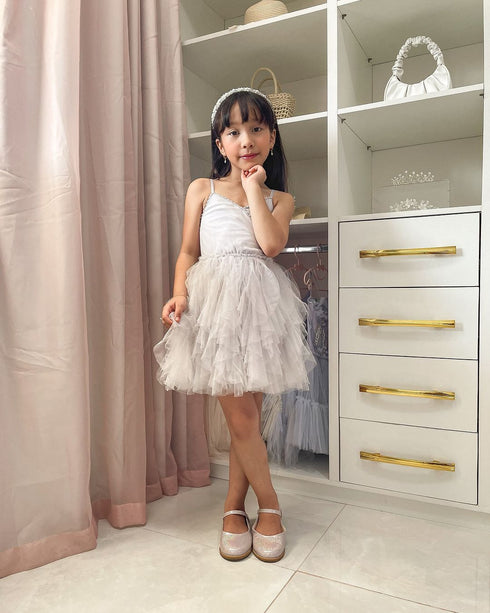 Girls Silver Ruffle Layered Tulle Lya Disco Ball Dress, Sizes 12M-14