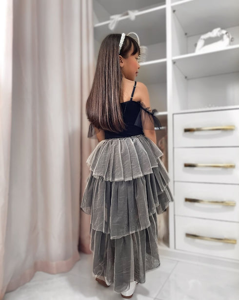 Girls Black Grey Layered Ruffle Hi-Low Jardin Chloe Dress, Sizes 12M-14