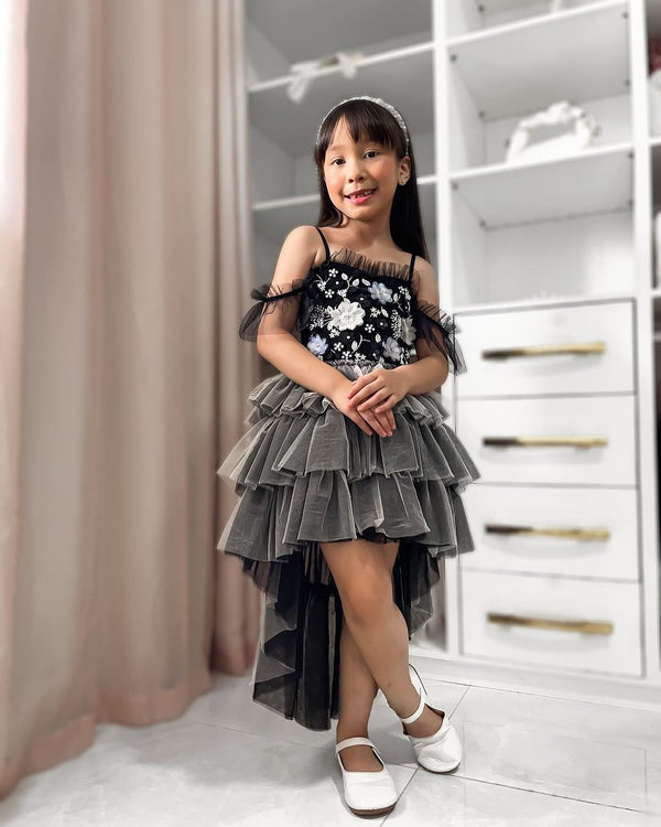 Girls Black Grey Layered Ruffle Hi-Low Jardin Chloe Dress, Sizes 12M-14