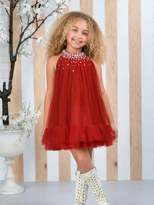 Girls Berry Solene Pearl-Embellished Tulle Dress 12M-14