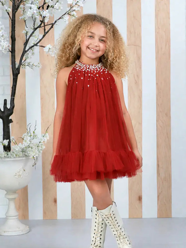 Girls Berry Solene Pearl-Embellished Tulle Dress 12M-14