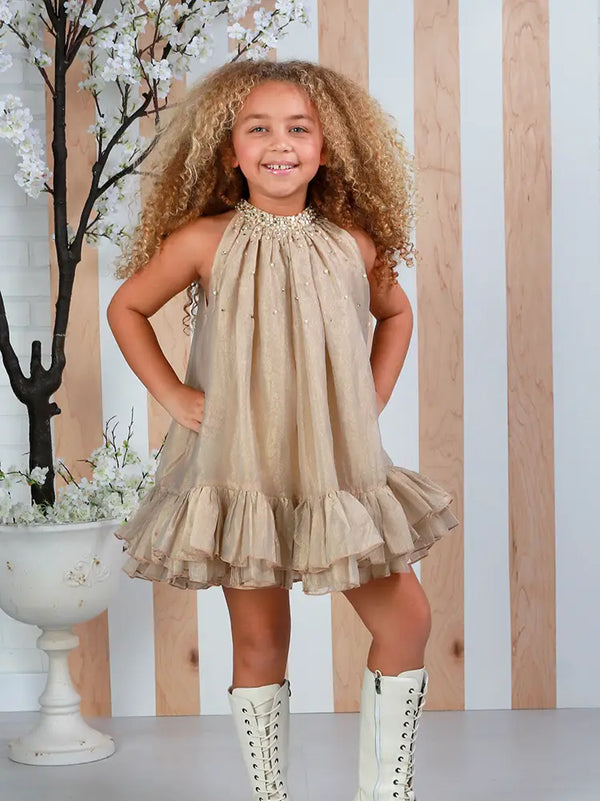 Girls Gold Embellished Ruffle Solene Dress 12 Months-14