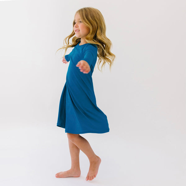 teal-blue-bamboo-girls-long-sleeve-dress-bellabu-bear - Sophia's Style Dress-1