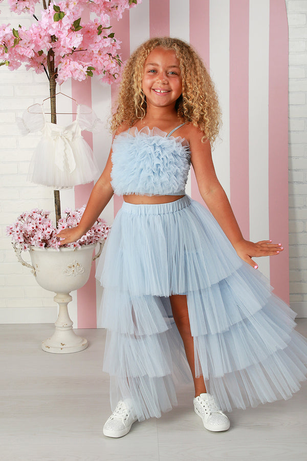 Girls Sky Blue Piaf Skirt Set for Girls – Ruffle Tulle Top & High-Low Layered Party Skirt 12M-14
