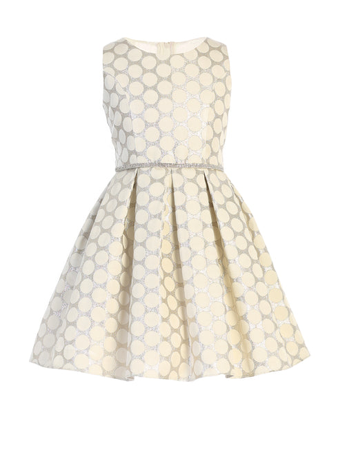 Girls Ivory Polka Dot Metallic Jacquard Pleated Flower Girl Dress 2-16 - SophiasStyle.com