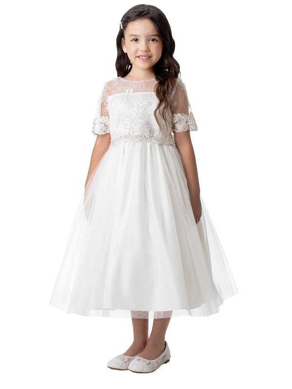 Girls Multi Color Sequin Floral Lace Crystal Tulle Tea Length Flower Girl Dress 2-16 - SophiasStyle.com
