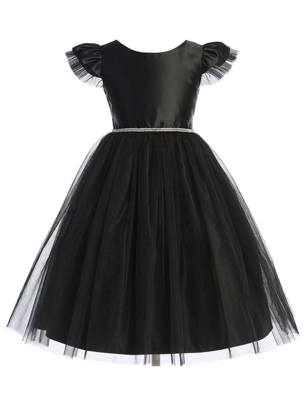 Girls Black Satin Crystal Tulle Flutter Sleeve Flower Girl Dress 2-16 - SophiasStyle.com