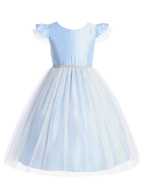 Girls Light Blue Satin Crystal Tulle Flutter Sleeve Flower Girl Dress 2-16 - SophiasStyle.com