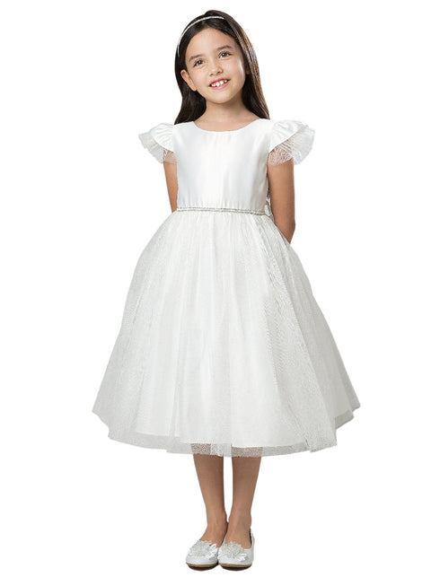 Girls Off-White Satin Crystal Tulle Flutter Sleeve Flower Girl Dress 2-16 - SophiasStyle.com