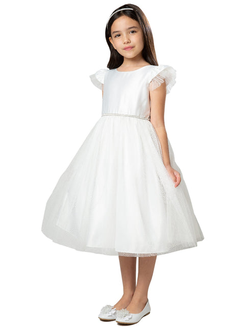 Girls White Satin Crystal Tulle Flutter Sleeve Flower Girl Dress 2-16 - SophiasStyle.com