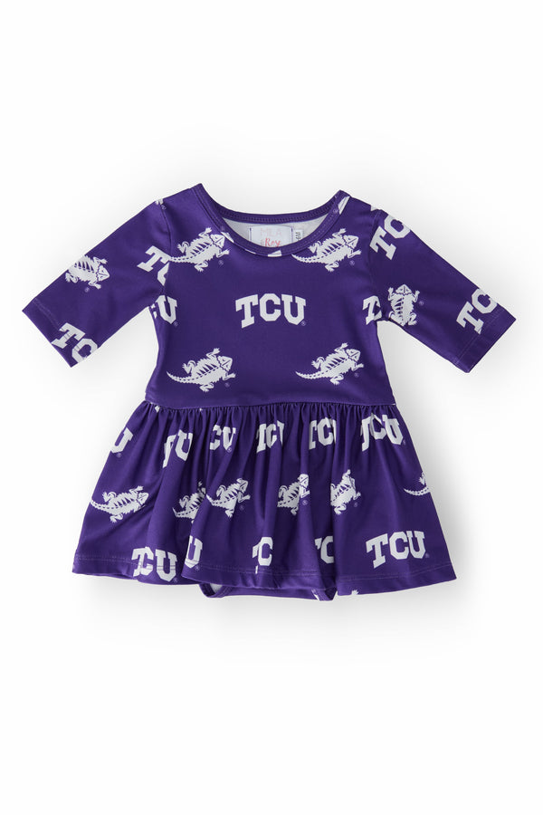 tcu-purple-frog-3-4-sleeve-twirl-bodysuit Mila & Rose - Sophia's StyleTwirl Bodysuit - 3/4 Sleeve-1