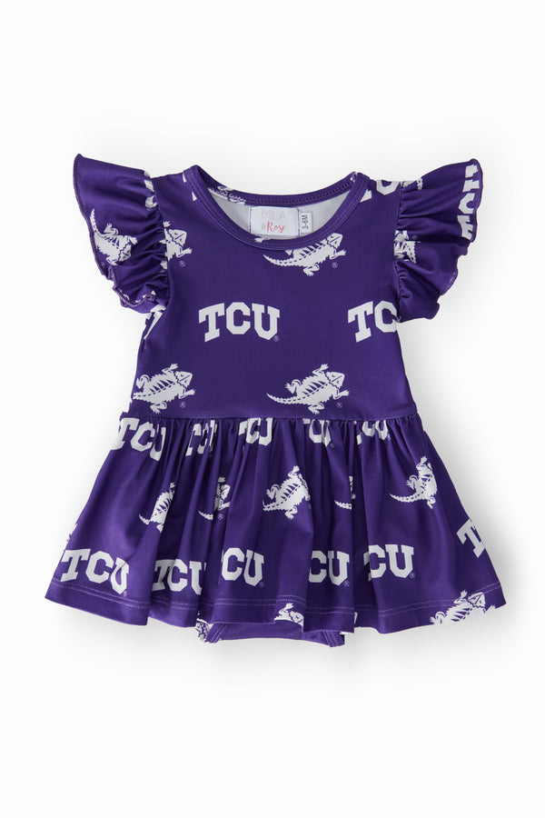tcu-purple-frog-flutter-twirl-bodysuit Mila & Rose - Sophia's StyleTwirl Bodysuit - S/S Flutter-1