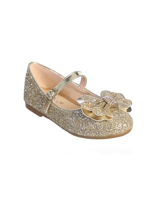 Girls Gold Glitter Double Bow Mary Jane Flats in sizes 9 Toddler to 5 Kids