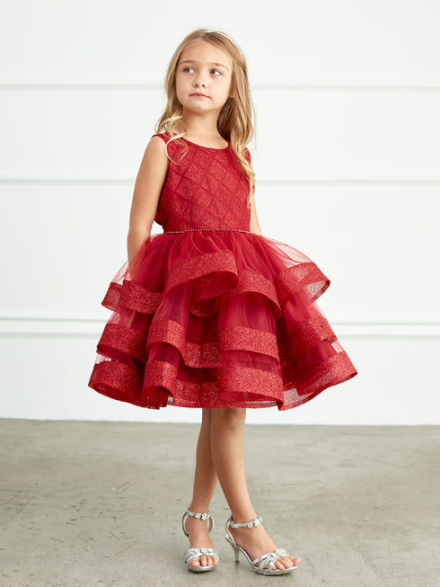 Girls Burgundy Glitter Horse Hair Ruffles Flower Girl Dress 2-12 SophiasStyle.com 2