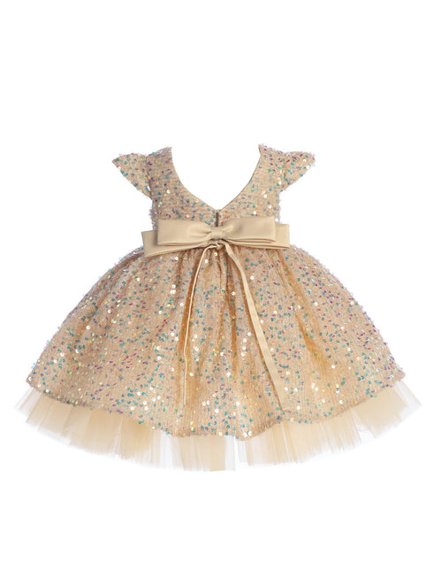 Baby Girls Gold Soft Sequin Adorned Flower Girl Dress 6-24M back - SophiasStyle.com
